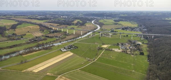 Aerial view, Mintarder Ruhrtalbrücke, motorway A52, river Ruhr, construction site under the bridge,