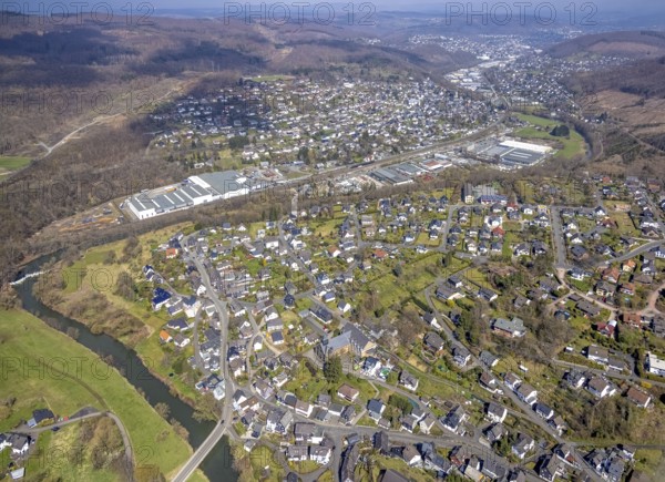 View of Brachbach with railway station, River Sieg, Mudersbach, Siegerland, Rhineland-Palatinate,