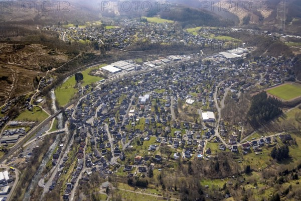 View of Brachbach with railway station, River Sieg, Mudersbach, Siegerland, Rhineland-Palatinate,