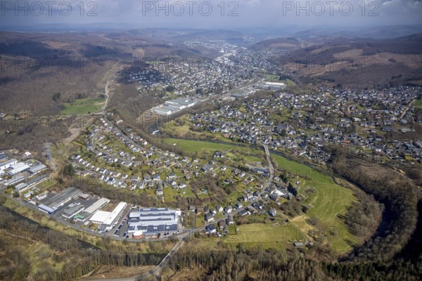 View of Brachbach with railway station, River Sieg, Mudersbach, Siegerland, Rhineland-Palatinate,