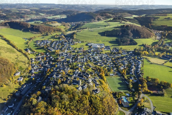 Aerial view, local view with church St. Antonius Einsiedler in the district Grevenstein in
