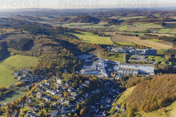 Aerial view, town view and brewery C.& A. VELTINS in the district Grevenstein in Meschede,