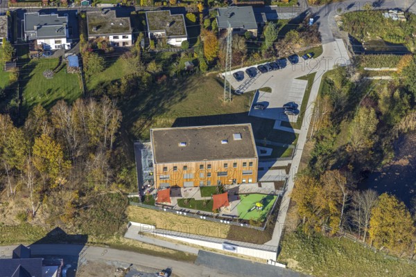 Aerial view, new development area Ziegelei II with children's garden in wooden construction in