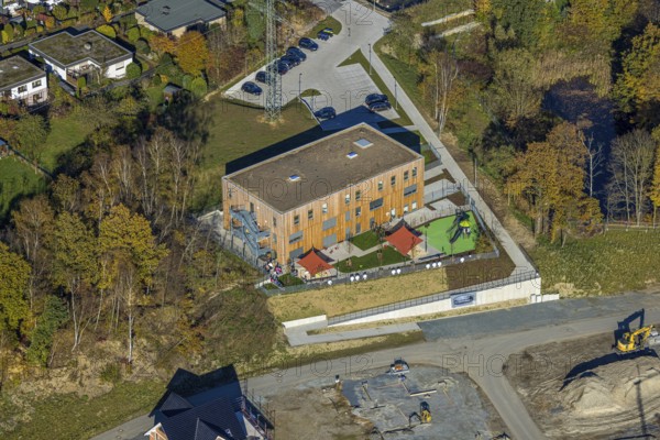 Aerial view, new development area Ziegelei II with children's garden in wooden construction in