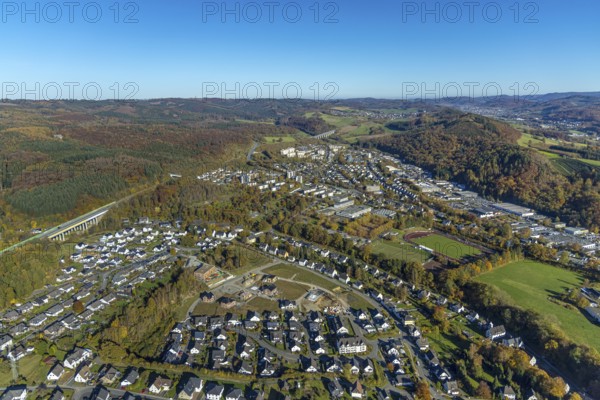 Aerial view, new development area Ziegelei II with children's garden in wooden construction in