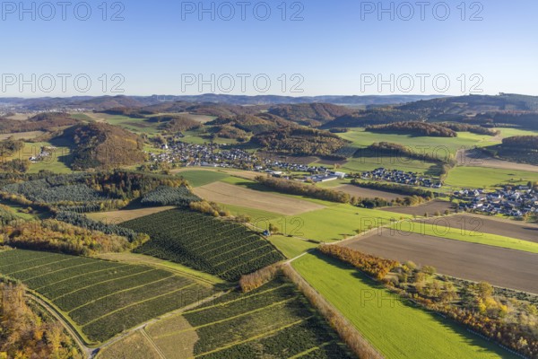 Aerial view, meadows and fields with St. Severinus parish church in the district of Calle in