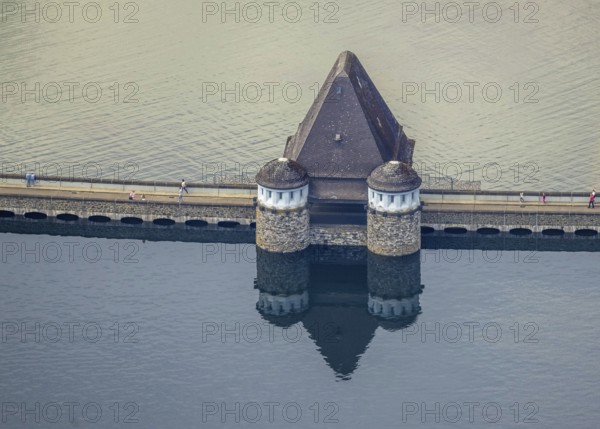 Aerial view, flood after heavy rainfall, Möhne dam with water level, Möhne dam wall, Günne, Lake
