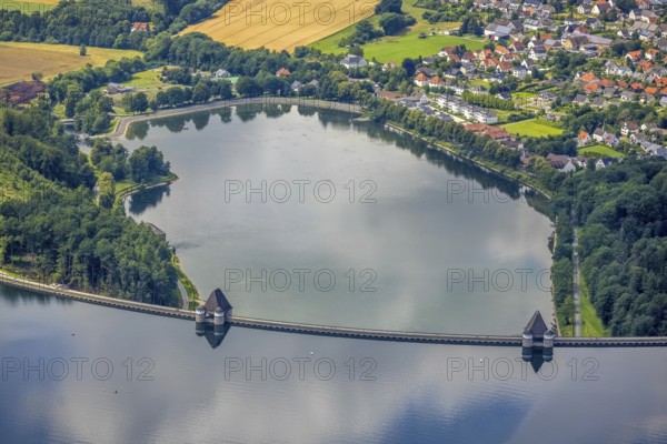 Aerial view, flood after heavy rainfall, Möhne dam with water level, Möhne dam wall, Günne, Lake