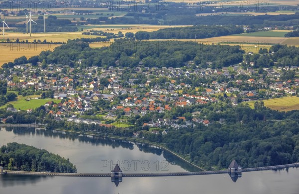Aerial view, flood after heavy rainfall, Möhne dam with water level, Möhne dam wall, Günne, Lake