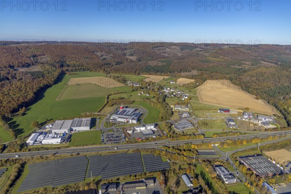 Aerial view, commercial area Enste with solar park at the motorway A46 in the district Enste in