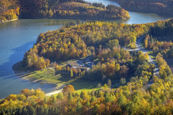 Aerial view, Restaurant H1 am See am Hennesee in autumn colours in the district Berghausen in