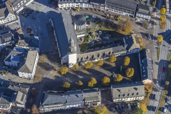 Aerial view, St. Walburga Church and Youth Centre at Stiftsplatz in Meschede-Stadt in Meschede,