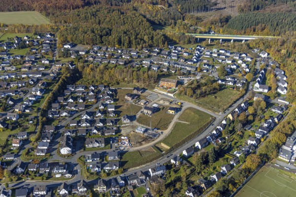 Aerial view, new development area Ziegelei II with children's garden in wooden construction in