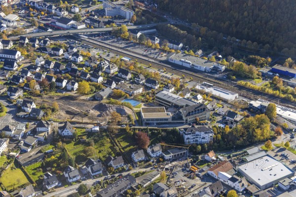 Aerial view, St. Walburga-Realschule and construction site for a residential quarter at the former