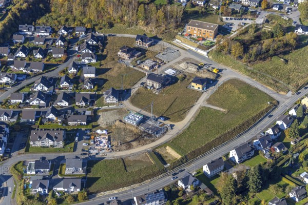 Aerial view, new development area Ziegelei II with children's garden in wooden construction in
