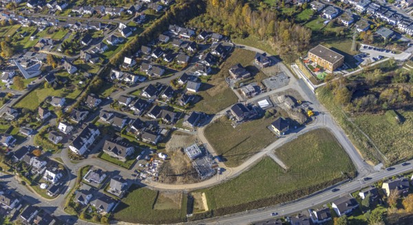 Aerial view, new development area Ziegelei II with children's garden in wooden construction in