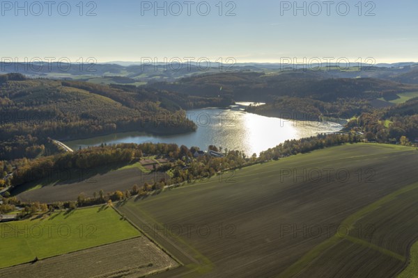 Aerial view, Hennesee in the district Berghausen in Meschede, Sauerland, North Rhine-Westphalia,