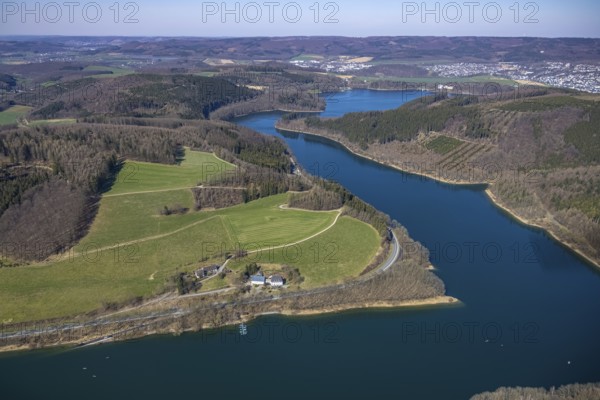 Aerial view, Hennesee, Hennetalsperre, Berghausen, Meschede, Sauerland, North Rhine-Westphalia,
