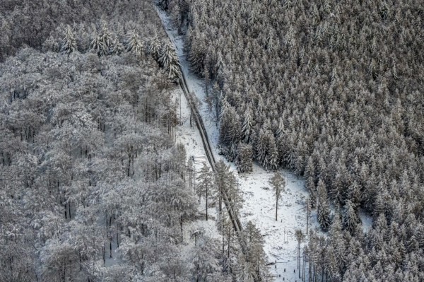 Aerial view of the Arnsberg Forest near Meschede in winter with snow in the Sauerland in North