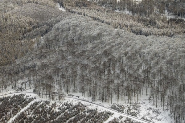 Aerial view of the Arnsberg Forest near Meschede in winter with snow in the Sauerland in North