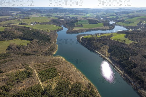 Aerial view, Hennesee, Hennetalsperre, Berghausen, Meschede, Sauerland, North Rhine-Westphalia,