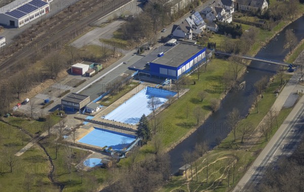 Aerial view, indoor and outdoor swimming pool Meschede, Meschede town, Meschede, Sauerland, North