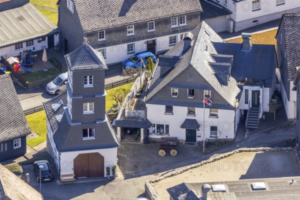 Aerial view, old fire station, half-timbered house, Rittergasse, Eversberg, Meschede, Sauerland,