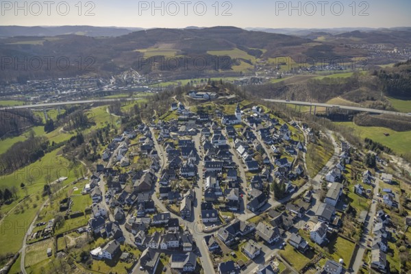 Aerial view, View of Eversberg, Ruins of Eversberg Castle, Schlossberghalle Eversberg, St