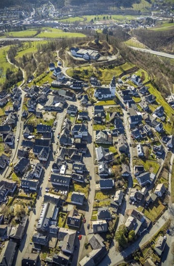 Aerial view, View of Eversberg, Ruins of Eversberg Castle, Schlossberghalle Eversberg, St