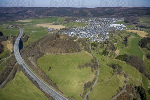 Aerial view, motorway A46 with view of Eversberg, Meschede, Sauerland, North Rhine-Westphalia,
