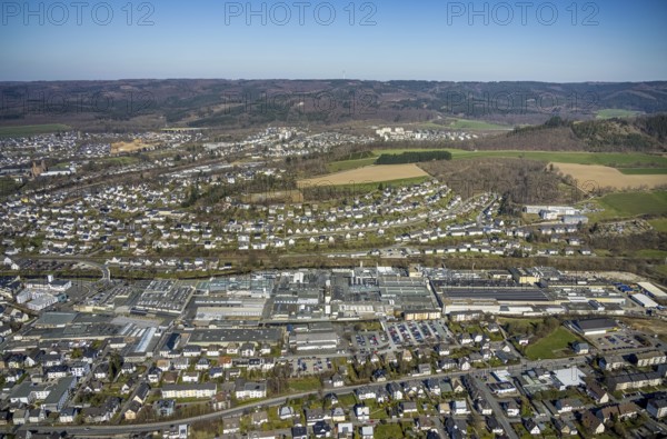 Aerial view, commercial area Fritz-Honsel.Straße, residential area Hünenburgstraße, Meschede-Stadt,