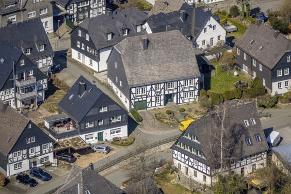 Aerial view, half-timbered houses Oststraße, Eversberg, Meschede, Sauerland, North
