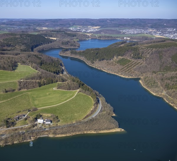 Aerial view, Hennesee, Hennetalsperre, Berghausen, Meschede, Sauerland, North Rhine-Westphalia,