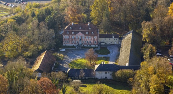 Aerial view, half-timbered house Gut Rödinghausen with the Menden Industrial Museum in the district