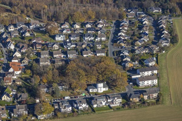 Aerial view, housing estate between Waldenburger Straße and Paschesiepen with chapel Heilig Geist