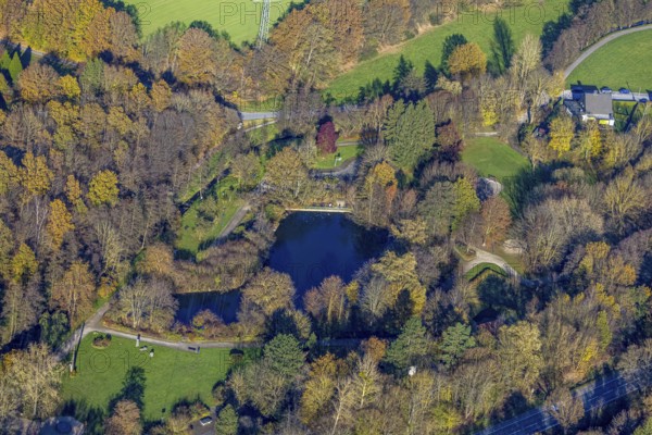 Aerial view, leisure centre Biebertal with pond in the district Lendringsen in Menden, Sauerland,