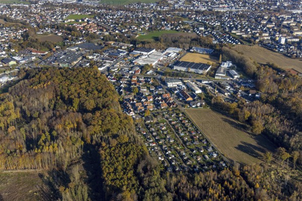 Aerial view, allotment garden site Menden Platte Heide and commercial area Holzener Straße in the