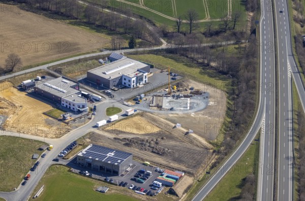 Aerial view, construction site industrial estate Enste, Auf dem Bruch, Enste, Meschede, Sauerland,