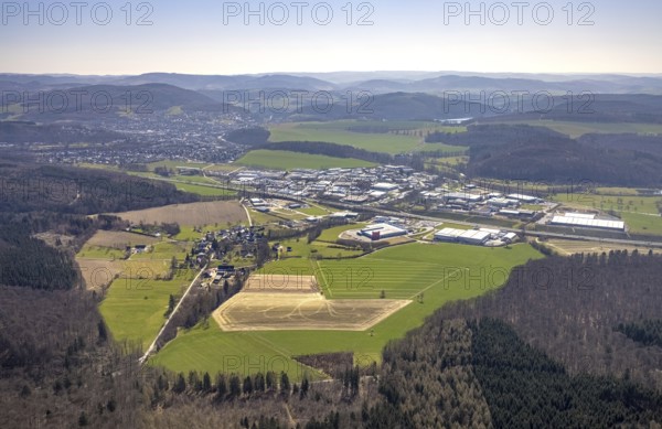 Aerial view, industrial area Enste, motorway A46, Meschede, Sauerland, North Rhine-Westphalia,