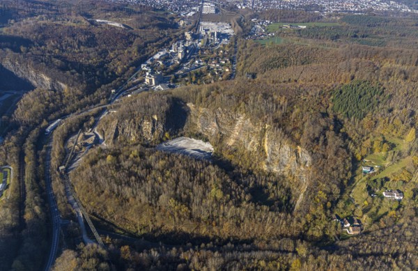 Aerial view, quarry at the Hönnetalstraße with commercial area and Rheinkalk GmbH in the district