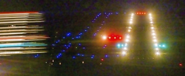 Aerial photo, Marl Loemühle airfield, night approach to the runway with PAPI, runway lighting,