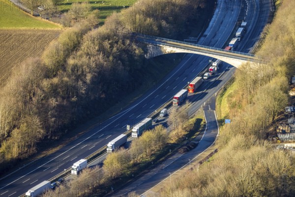Aerial view, truck traffic jam on the Sterbecke viaduct in front of the closed Rahmede viaduct of