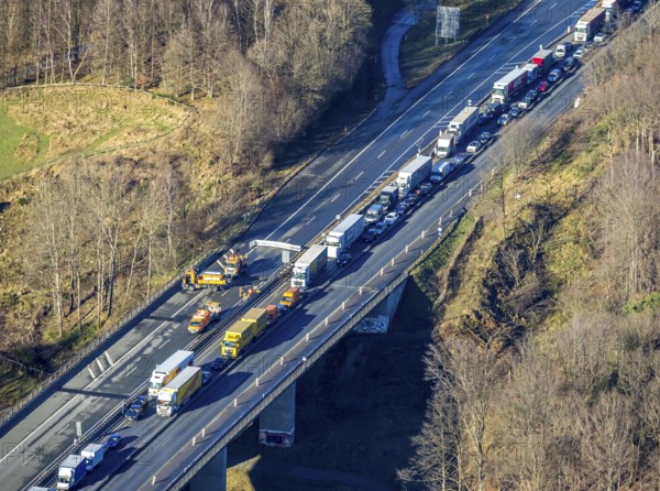 Aerial view, truck traffic jam on the Sterbecke viaduct in front of the closed Rahmede viaduct of