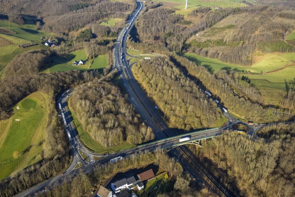 Aerial view, truck traffic jam on the Sterbecke viaduct at the Lüdenscheid-Nord exit in front of