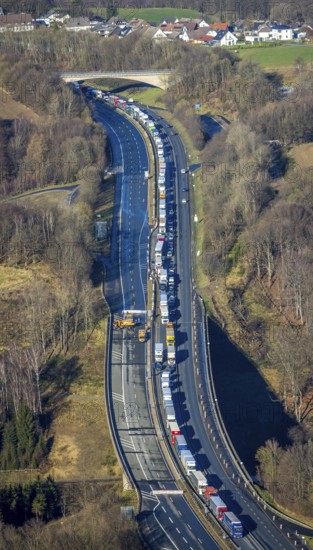 Aerial view, truck traffic jam on the Sterbecke viaduct in front of the closed Rahmede viaduct of