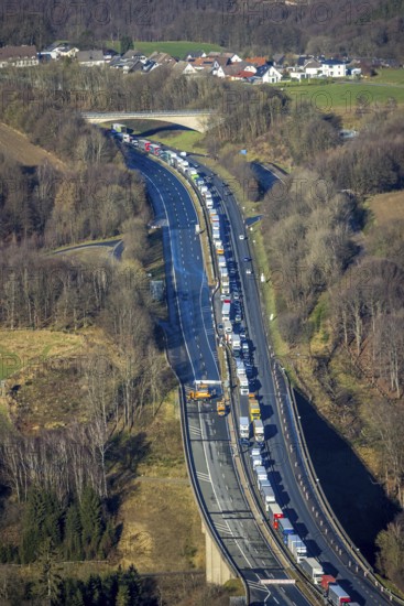 Aerial view, truck traffic jam on the Sterbecke viaduct in front of the closed Rahmede viaduct of