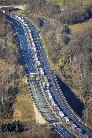 Aerial view, truck traffic jam on the Sterbecke viaduct in front of the closed Rahmede viaduct of