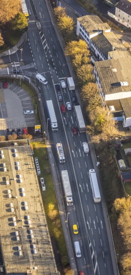 Aerial view, through road with truck traffic jam on the Lennestraße at the exit Lüdenscheid of the