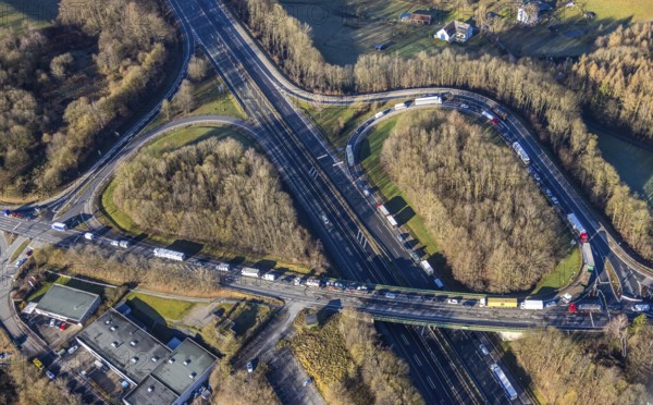 Aerial view, truck traffic jam at the Lüdenscheid exit of the A45 Sauerlandlinie motorway due to
