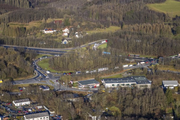 Aerial view, truck traffic jam at the Lüdenscheid exit of the A45 Sauerlandlinie motorway due to